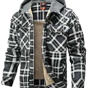 Men's Winter Hooded Warm Coat Thicken Plaid Work Flannel Snap Jacket