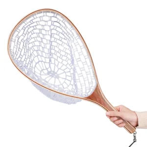 Fly Fishing Landing Net, Wooden Handle & Transparent Rubber/Nylon Mesh