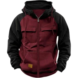 Men's Hooded Sweatshirt Zipper Patchwork Fleece Jacket with Multiple Pockets & Hood.